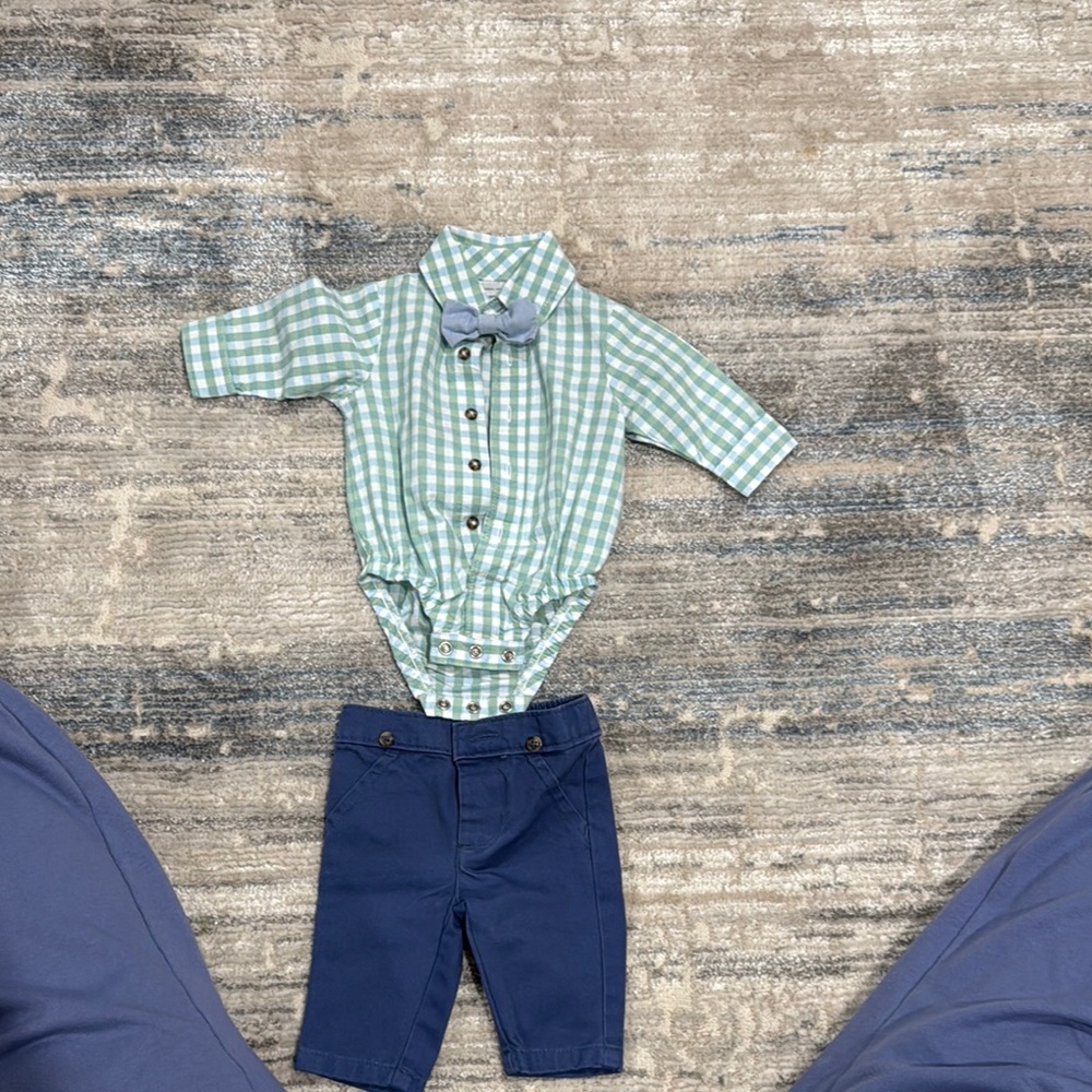 Green Checkered Baby Onesie with Blue Pants